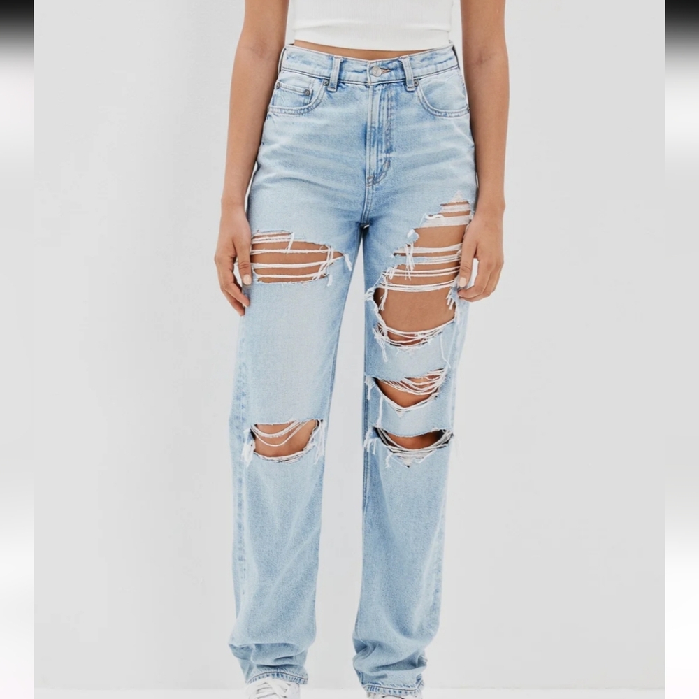 American Eagle Light Wash Highest Waist Ripped Baggy Straight Leg Jeans Size 4